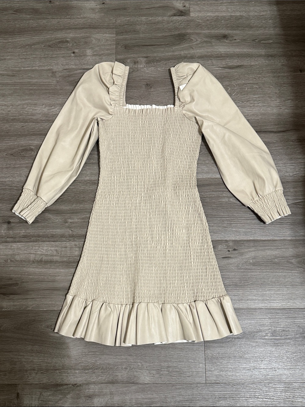 7 For All Mankind Cream Faux Leather Smocked Puff-Sleeve Mini Dress